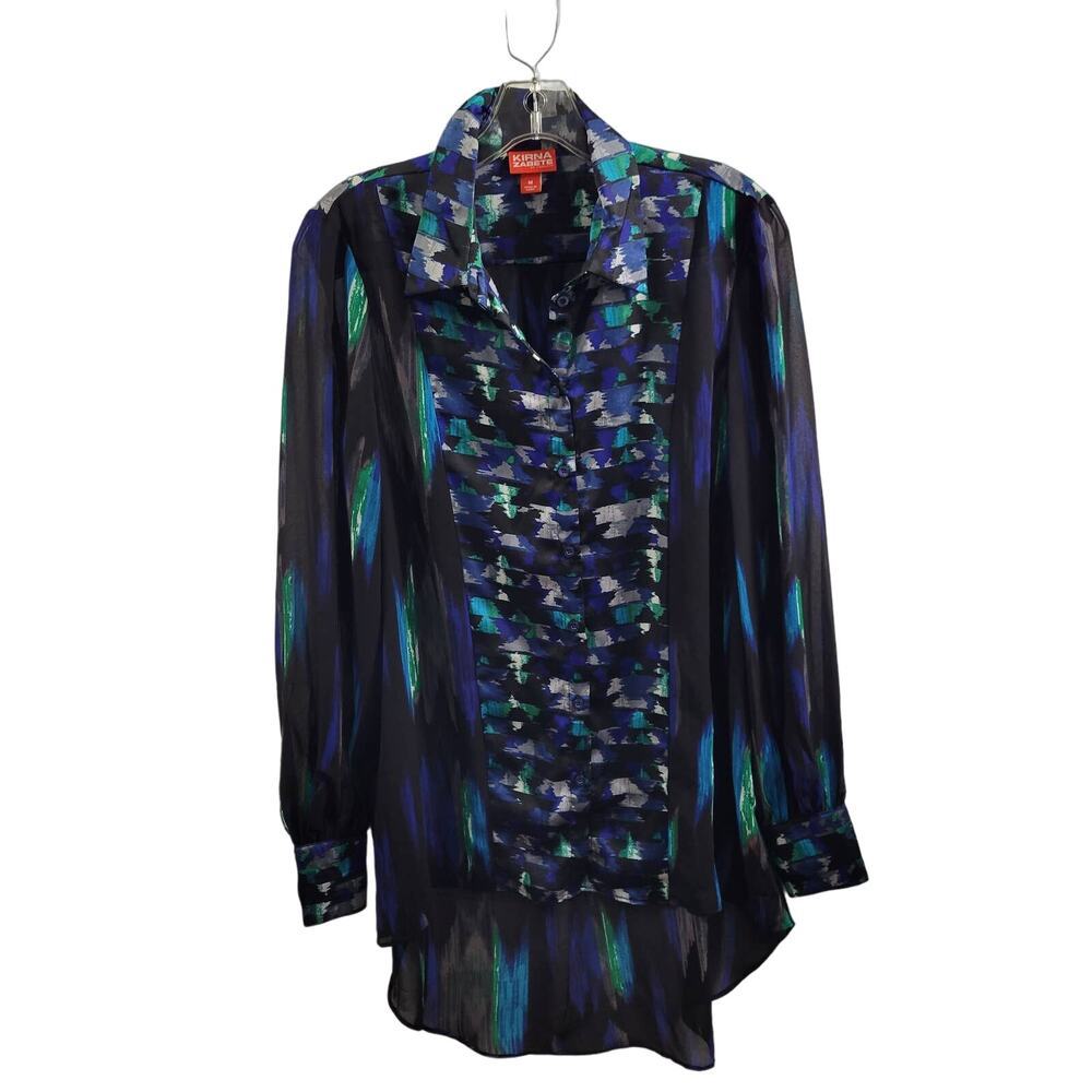 Designer Kirna Zabete Geometric Print Black/Blue Sheer Blouse for Target Size M